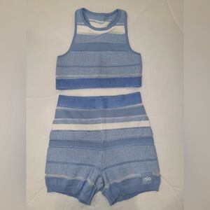 ALO Yoga Blue and White Striped Athletic Shorts Set